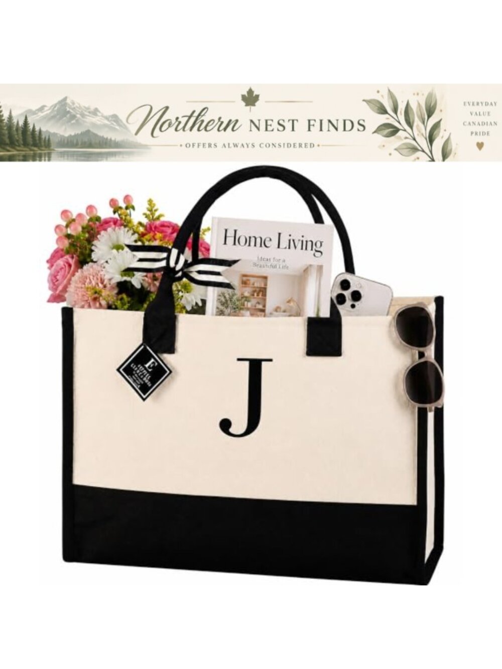 Cotton Canvas Tote Bag Embroidered Initial J Everyday